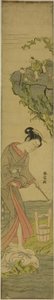 Twee wijzen die naar een schoonheid kijken die stof treedt (parodie op Kume Sennin) door Suzuki Harunobu