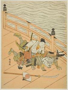 Ushiwakamaru en Benkei vechten op de Gojo-brug door Suzuki Harunobu