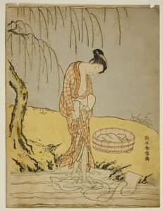 Kleding wassen in een stroom door Suzuki Harunobu