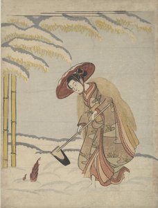 Vrouw die bamboescheuten graaft in de sneeuw, of parodie op Meng Zong Moso, uit Vierentwintig..., ca. 1765