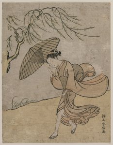 Vrouw die langs een wilgenboom rent in een briesje, 1766 of 1767 door Suzuki Harunobu