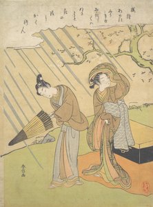 Jonge man en vrouw betrapt in de regen terwijl ze genieten van kersenbloesems Sakura-gari..., ca. 1768-70