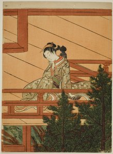 Jonge Vrouw Zittend op het Balkon van de Kiyomizu Tempel door Suzuki Harunobu