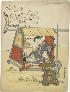 Jonge vrouw bekijkt kersenbloesems als een Mitate van Lady Nakanokimi, c. 1767