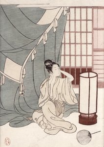 Jonge vrouw knielend bij haar muskietennet, 1766 door Suzuki Harunobu