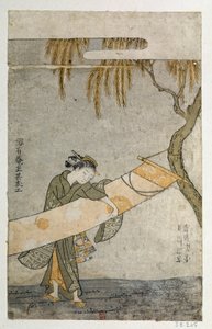 Jonge vrouw verzorgt een kakemono bevestigd aan een boom door Suzuki Harunobu