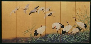 Zesvoudig scherm met riet en kraanvogels, Edo-periode, Japans (kleur op verguld zijde) door Suzuki Kiitsu