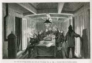 Het plein van La Vega, tijdens een winteravond, en de activiteiten van de bemanning: lezen, schaak- en backgammonspellen, evenals likeurproeverijen. Gravure uit de Zweedse editie, ter illustratie van het verhaal 