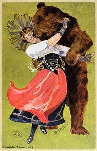 Ansichtkaart uit Bern met een vrouw en een beer, c.1900 door Swiss School