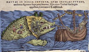 Zee monster en schip, illustratie uit 