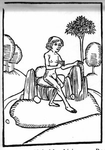 De legende van Sint Brendan (Brandan), held en Ierse heilige van de 6e eeuw. Ontmoeting met een heilige kluizenaar die op een rots in de open zee leeft. Gravure van Die Wunderbare Meerfahrt des Hl. Brandan. Bale