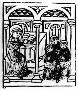 De legende van Sint Brendan (Brandan), held en Ierse heilige van de 6e eeuw. De heilige vertelt de wonderen van de zee aan zijn medebroeders van het klooster. Gravure van "Die Wunderbare Meerfahrt des Hl. Brandan." Bale door Swiss School