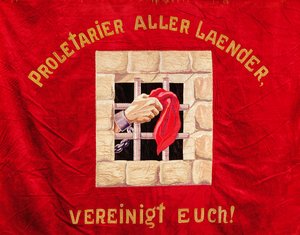 Vakbondsbanner die de proletariërs van alle landen oproept zich te verenigen