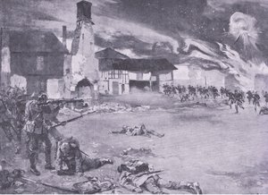 Straatgevechten aan de Frans-Duitse grens: Een Franse aanval op de Pruisische garde, uit History of the Great War Vol 3 uitgegeven door Waverley Book Co Limited, ca. 1920 door Sydney Adamson