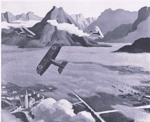 Britse verkenners verlaten hun vliegveld voor patrouille boven het Asiago Plateau, Italië, uit British Adventure gepubliceerd door Collins, 1947