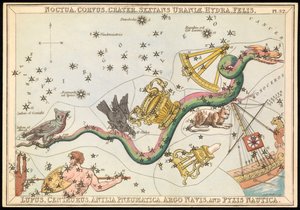 Noctua, Corvus, Crater, Sextans Uraniae, Hydra, Felis, Lupus, Centaurus, Antilia Pnuematica, Argo Navis en Pysix Nautica, ca. 1825 door Sydney Hall