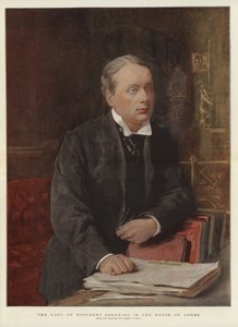 De Graaf van Rosebery spreekt in het Hogerhuis (kleur litho)