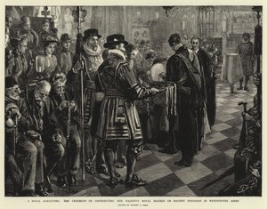 Een koninklijke aalmoes, de ceremonie van het uitdelen van Hare Majesteits Koninklijke Maundy op Witte Donderdag in Westminster Abbey door Sydney Prior Hall
