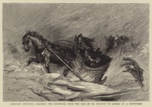 Canadese schetsen, oversteken van de ijsbrug van het eiland St. Orleans naar Quebec in een sneeuwstorm door Sydney Prior Hall