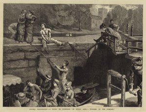 Oxford geïllustreerd, een picknick naar Nuneham, in Iffley Lock, het gezelschap opwinden