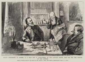 Pigott bekent aan Messers G A Sala en H Labouchere, in het huis van de laatste, dat hij de vervalser van de brieven was door Sydney Prior Hall