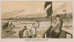 Herinneringen aan een Oxford en Cambridge Bootrace: Het hijsen van de winnende kleuren door Sydney Prior Hall