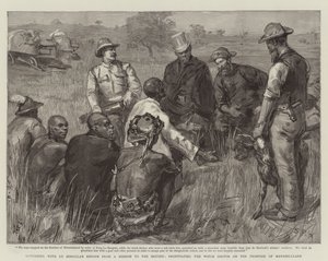 Terugkeer met de gezanten van Lo Bengula van een missie naar de Britten, de heksendokter paaien aan de grens van Matabeleland door Sydney Prior Hall
