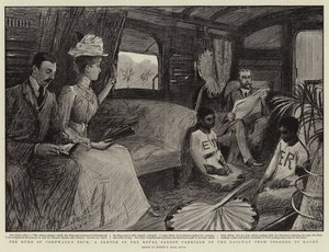 De tour van de hertog van Cornwall, een schets in de koninklijke salonwagen op de spoorweg van Colombo naar Kandy door Sydney Prior Hall