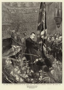 De Ierse Loyalistische Demonstratie in de Albert Hall, de Hertog van Abercorn die de Union Jack plant door Sydney Prior Hall