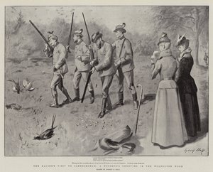 Het bezoek van de Kaiser aan Sandringham, een ochtendjacht in het Wolferton Wood door Sydney Prior Hall
