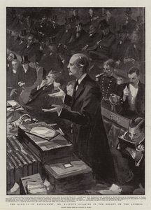 De Vergadering van het Parlement, de heer Balfour spreekt in het Debat over het Adres door Sydney Prior Hall