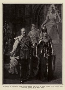 De opening van het parlement, hun Majesteiten passeren het standbeeld van Koningin Victoria in de Prinsenkamer, na het voorlezen van de troonrede door Sydney Prior Hall