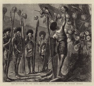 De schande in de Naga-heuvels, een inheems trofee van menselijke schedels door Sydney Prior Hall