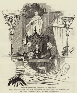De Overhandiging van de Vrijheid van de Stad Londen aan Sir John Gilbert, RA, in de Guildhall door Sydney Prior Hall