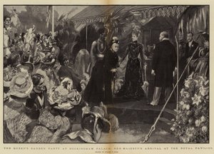 Het tuinfeest van de koningin in Buckingham Palace, de aankomst van Hare Majesteit bij het Koninklijk Paviljoen
