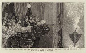 De koninklijke loges in de opera van Kopenhagen, bij gelegenheid van het recente bezoek van de prins en prinses van Wales aan Denemarken door Sydney Prior Hall
