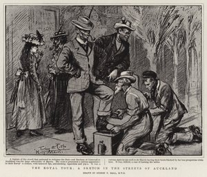 De koninklijke tour, een schets in de straten van Auckland door Sydney Prior Hall