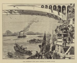 De universiteitsbootrace, schets bij Barnes Bridge door Sydney Prior Hall