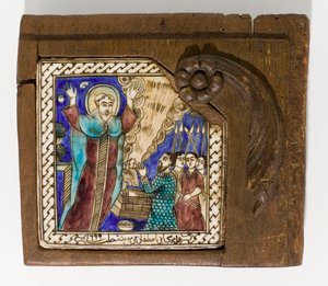 Een gesigneerde en gedateerde Syrische keramische tegel, geschilderd in mangaan, blauw en bruin, gedateerd 1699, 1699 door Syrian School