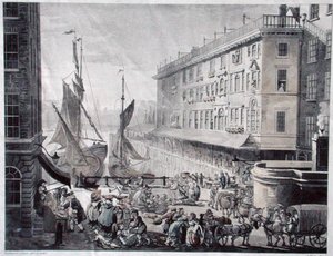 Billingsgate Market, gegraveerd door J. Bluck door T. and Pugin A.C. (after) Rowlandson