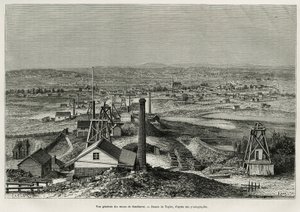 Algemeen overzicht van de mijnen van Sandhurst, gravure naar een tekening van Taylor, illustratie van het verhaal zes maanden in Australië, door Desire Charnay, missieopdracht door het Ministerie van Openbaar Onderwijs, in 1878, gepubliceerd in Le tour du 