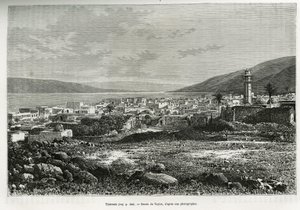 Algemeen uitzicht op Tiberiade (Israël). Gravure ter illustratie van het verhaal van het huidige Syrië door M. Lortet, decaan van de Faculteit Geneeskunde van Lyon, gepubliceerd in de Tour du monde