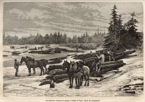De afdaling van de vlotten in Ontario, de houthakkers lossen de gekapte stammen en plaatsen ze op de bevroren rivier, dan tijdens de dooi, zullen de stammen door de stroom naar de plaats worden gebracht waar ze worden gelost en getransformeerd, gravure naa door T Taylor
