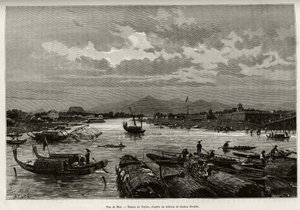 Uitzicht op Hue (Vietnam), met beschrijving van de navigatie op de Song Huong-rivier en de Thien Mu-pagode, achter de ommuring. Gravure door Taylor, ter illustratie van het verhaal 