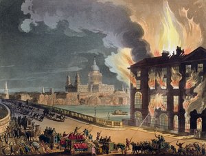Brand bij Albion Mill, Blackfriars Bridge, uit Ackermann
