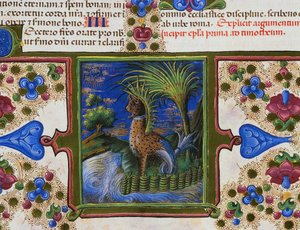 Randfries aan de voet van de pagina met monsterlijk dier in landschap, Deel II, f 207, v, Bijbel van Borso d