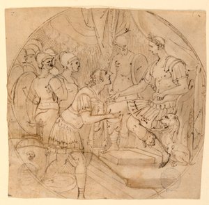 Ontwerp voor een bord of een tondo: Soldaten smekend voor een Romeinse generaal door Taddeo Zuccaro