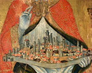 Uitzicht op de stad San Gimignano, met huizen en monumenten (detail)