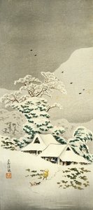 Scène in de sneeuw in Sawatari in het Joshu-district, circa 1930