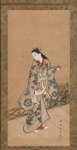 Vrouw op veranda, ca. 1730 door Takizawa Shigenobu